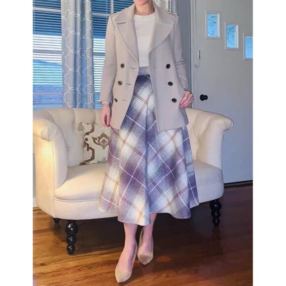 Womens Long Pure PurpleElastic Waist A-Line Pleated Tartan Long Plaid Wool Skirt - Picture 3 of 8